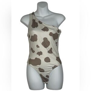 Saints & Hearts Asymmetrical‎ Brown and Cream Bodysuit with Cow Print Small NWT